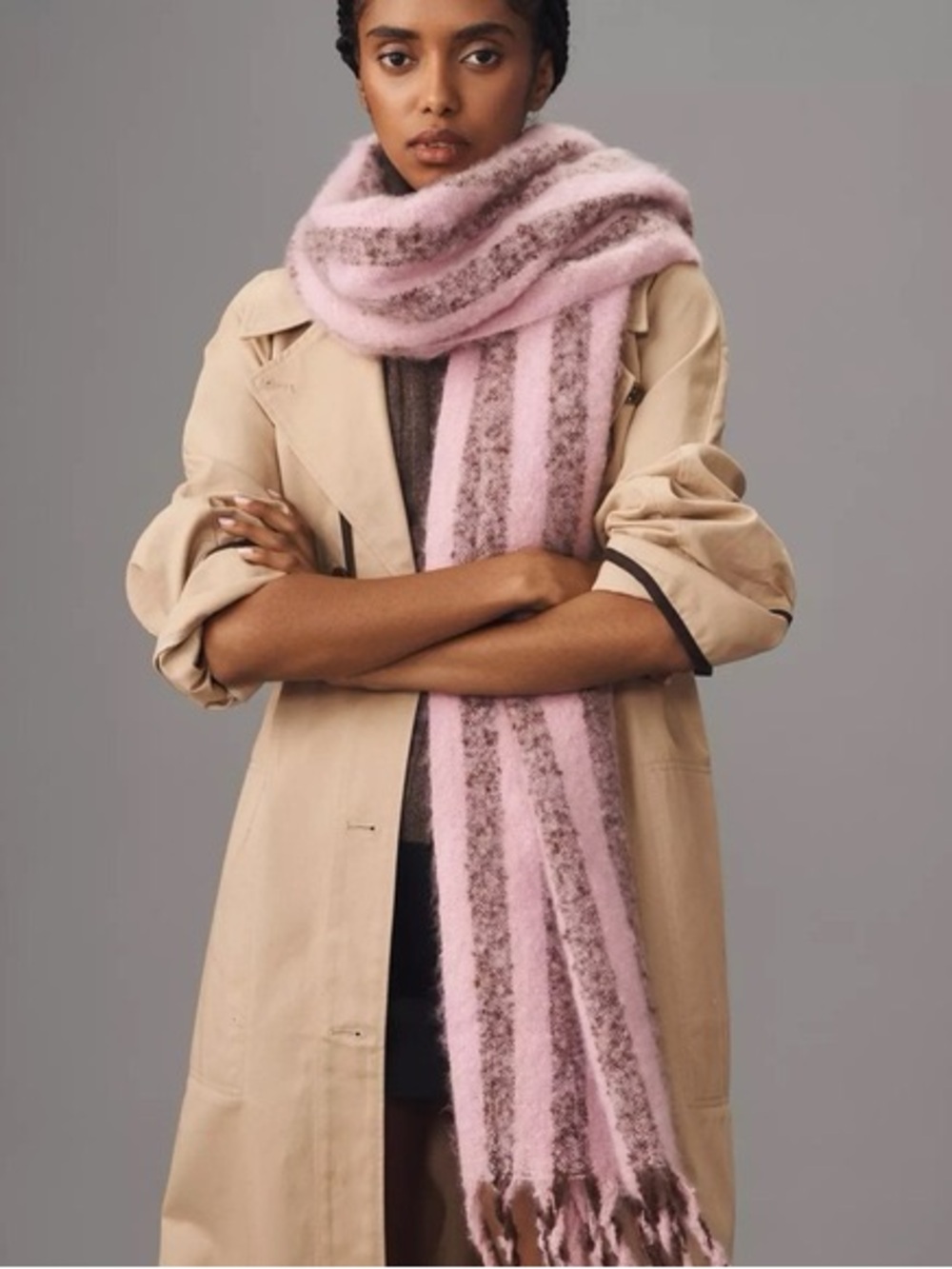 Anthropologie Pink and Brown Fuzzy Striped Fringe Scarf